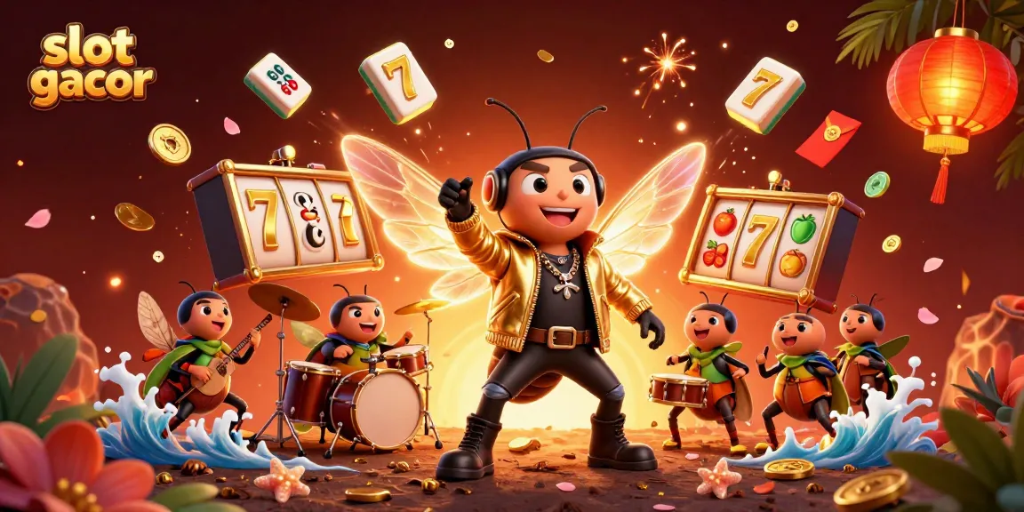Engage with slot gacor visuals as animated characters celebrate winning in a vibrant casino scene.