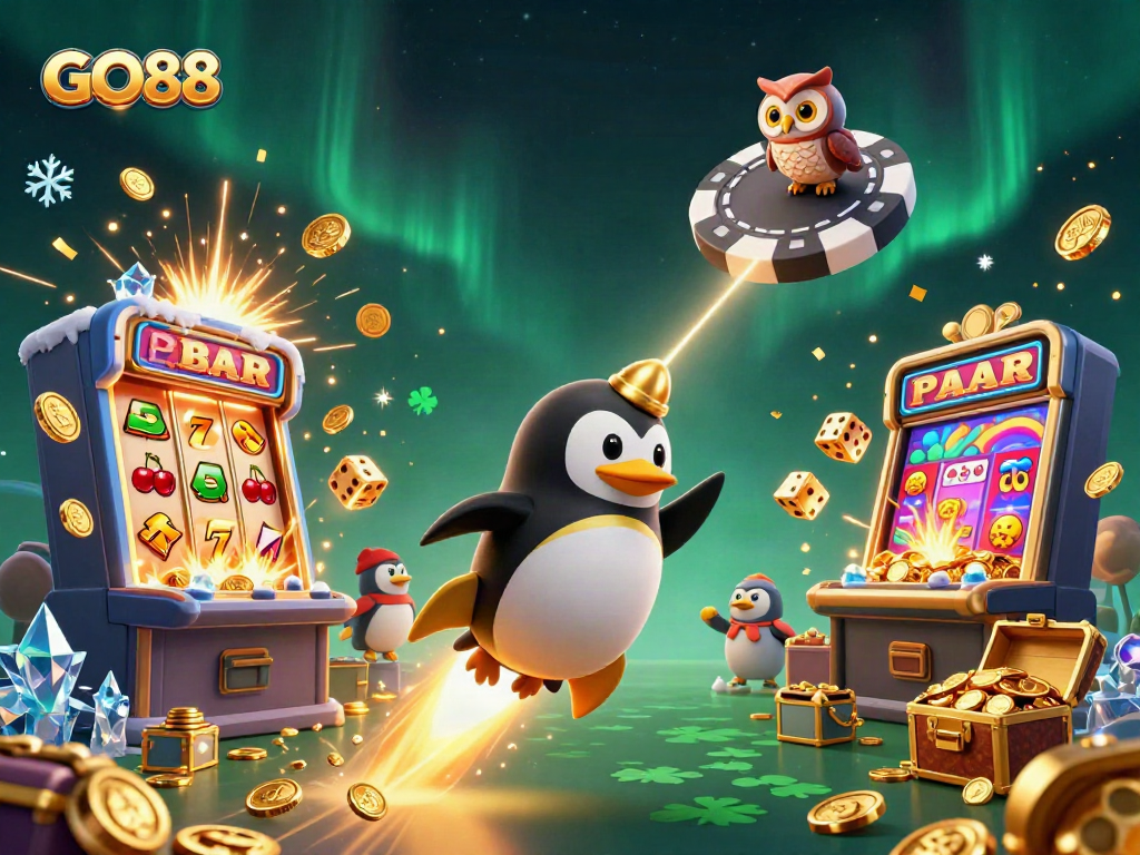 Engage with GO88 and join the golden penguin's jackpot adventure in a vibrant casino cosmos.