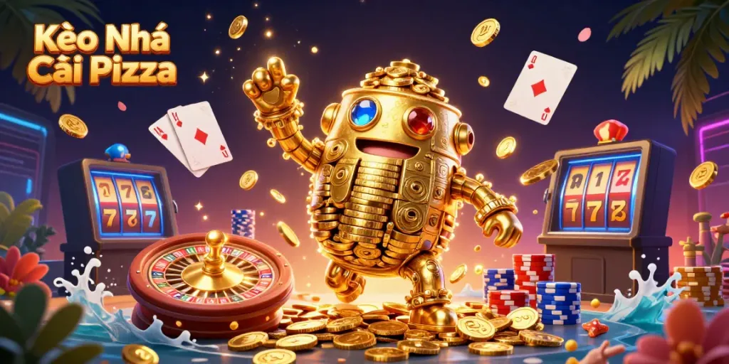 Engage with Kèo Nhà Cái Pizza's dynamic casino action featuring a golden golem and vibrant gaming elements.