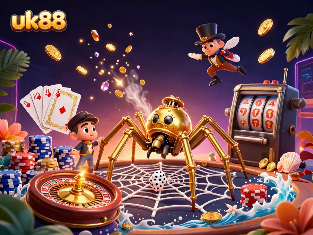 Players enjoy the dynamic thrills of uk88 with a steampunk spider capturing dice in a vibrant casino scene.