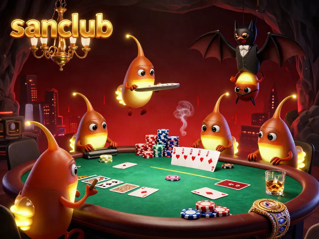 Experience the vibrant sanclub casino scene illuminated by glowing glowworms and a bat dealer.