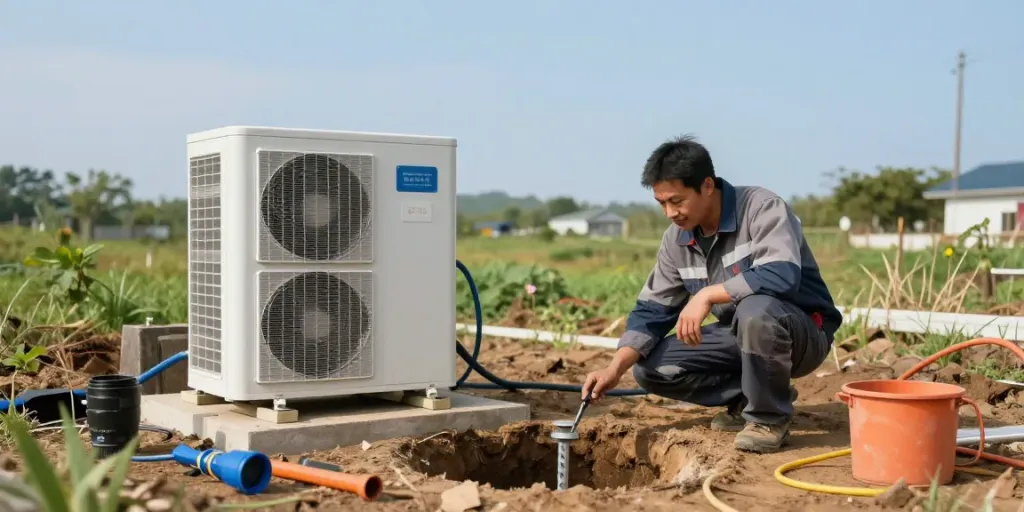 Geothermie Kosten: Techniker prüft Erdwärmeheizung und Bohrlöcher im Freien.
