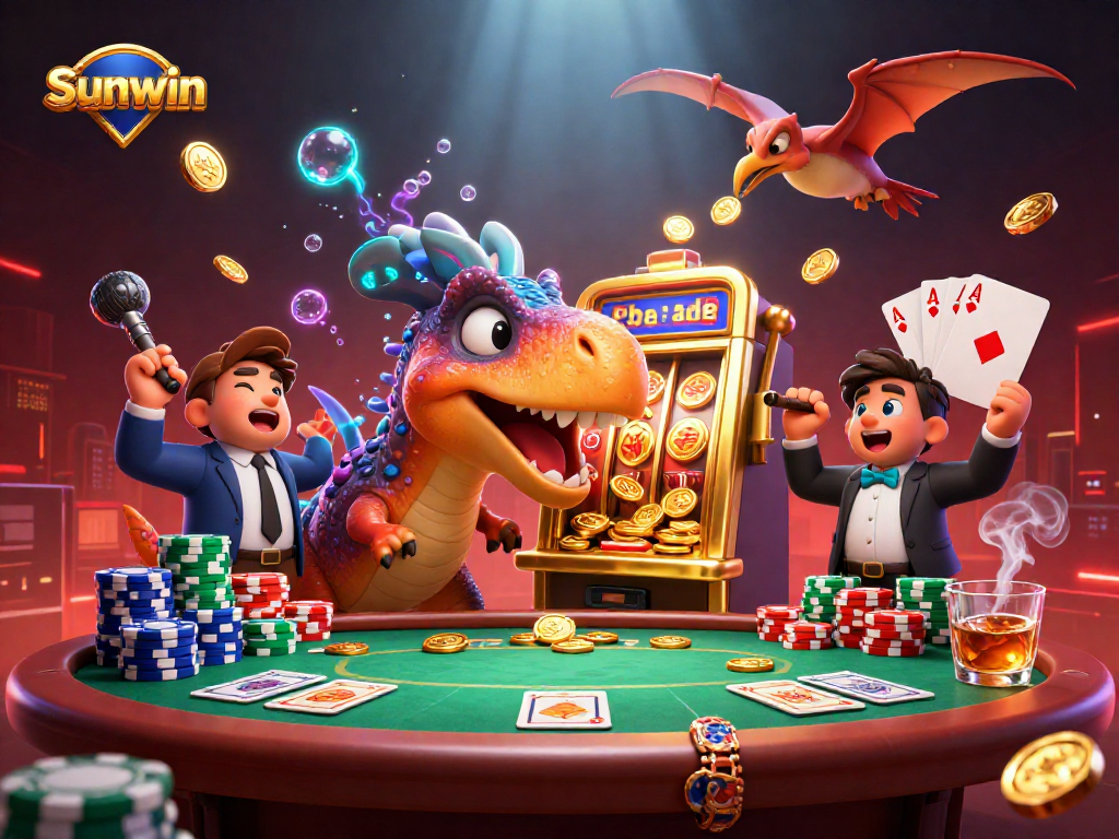 Sunwin app displays a vibrant 3D scene featuring a dinosaur winning jackpot coins in the casino.
