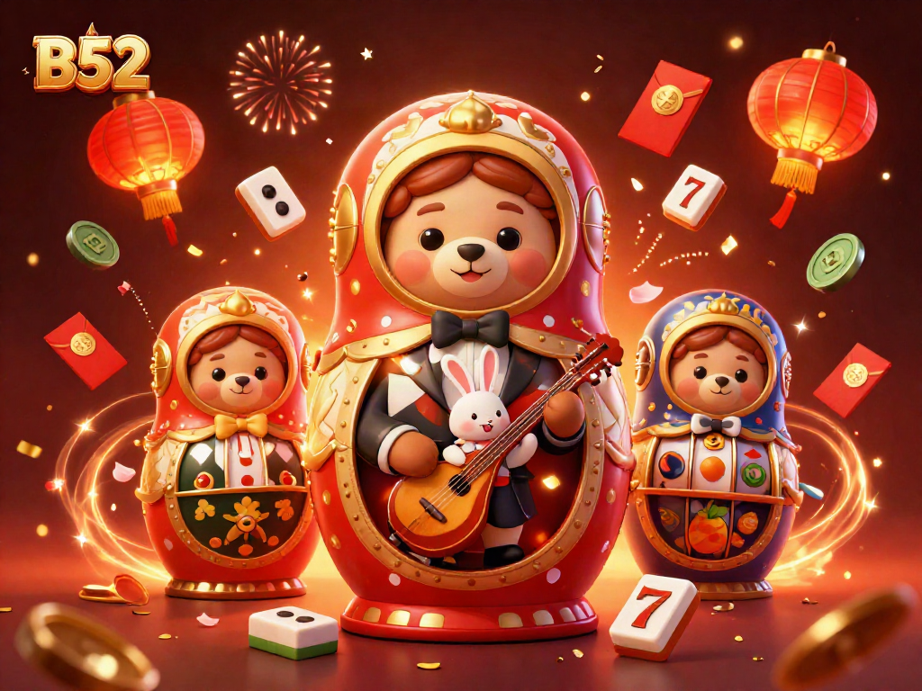 B52 casino scene with Matryoshka bear dealers and festive gambling elements showcasing excitement