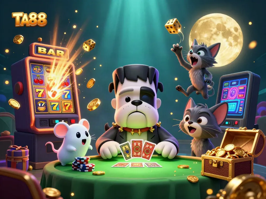 TA88's thrilling casino scene with a cartoon bulldog monster dealing cards amidst a jackpot explosion.