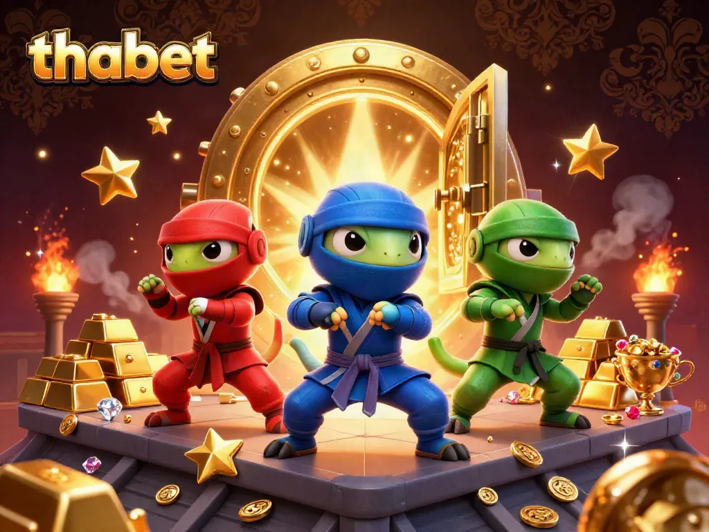 Experience thabet's vibrant action as ninja chameleons celebrate wins in this dynamic casino scene.