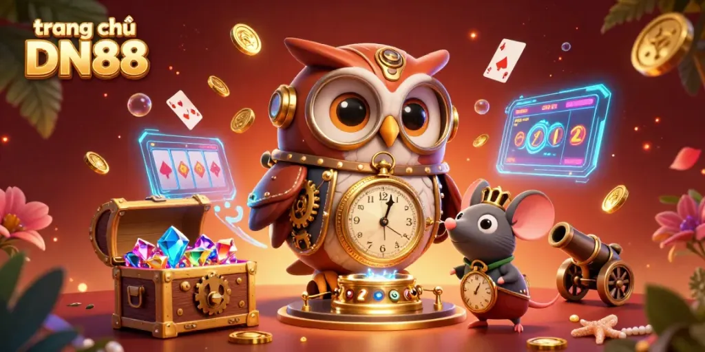 Experience thrilling gaming adventures at trang chủ DN88 with steampunk owl and neon casino elements.
