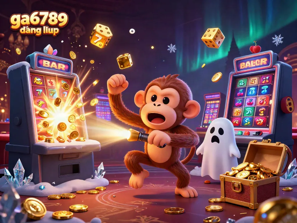 Participate in ga6789 đăng nhập with a playful poltergeist monkey juggling golden casino treasures.