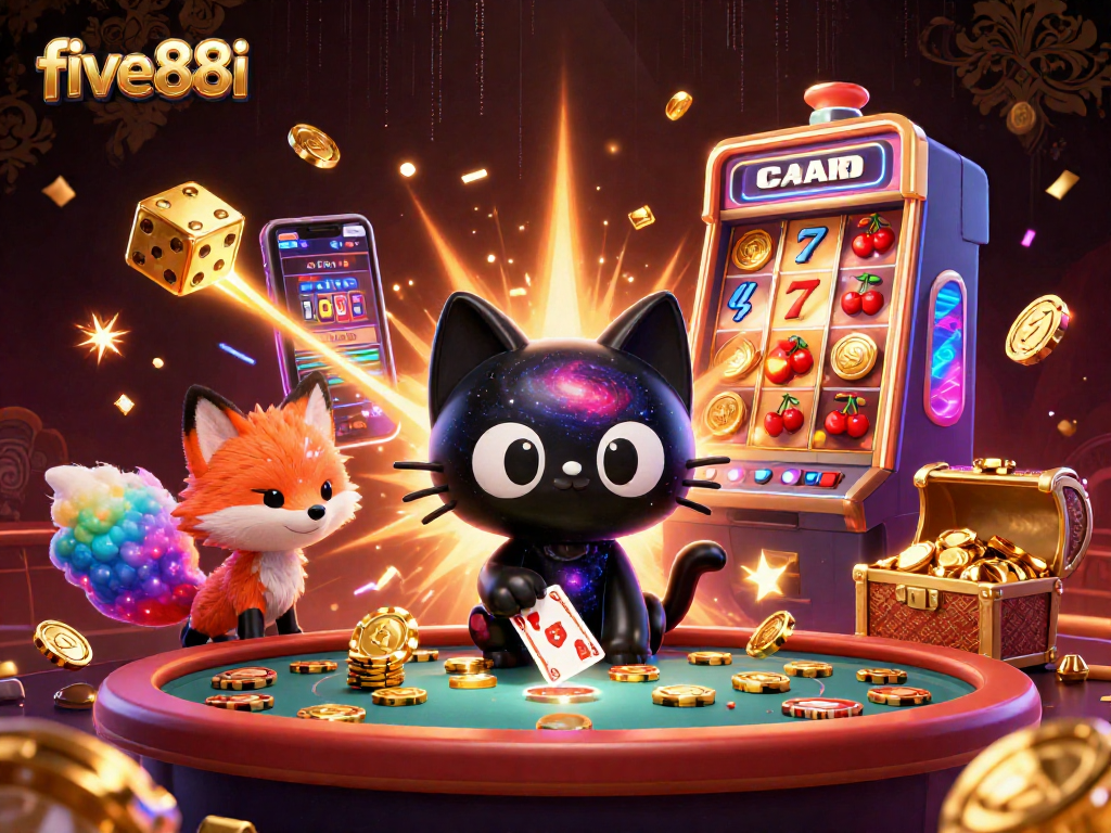 Engaging five88i scene with a black hole cat and nebula fox amidst vibrant casino elements