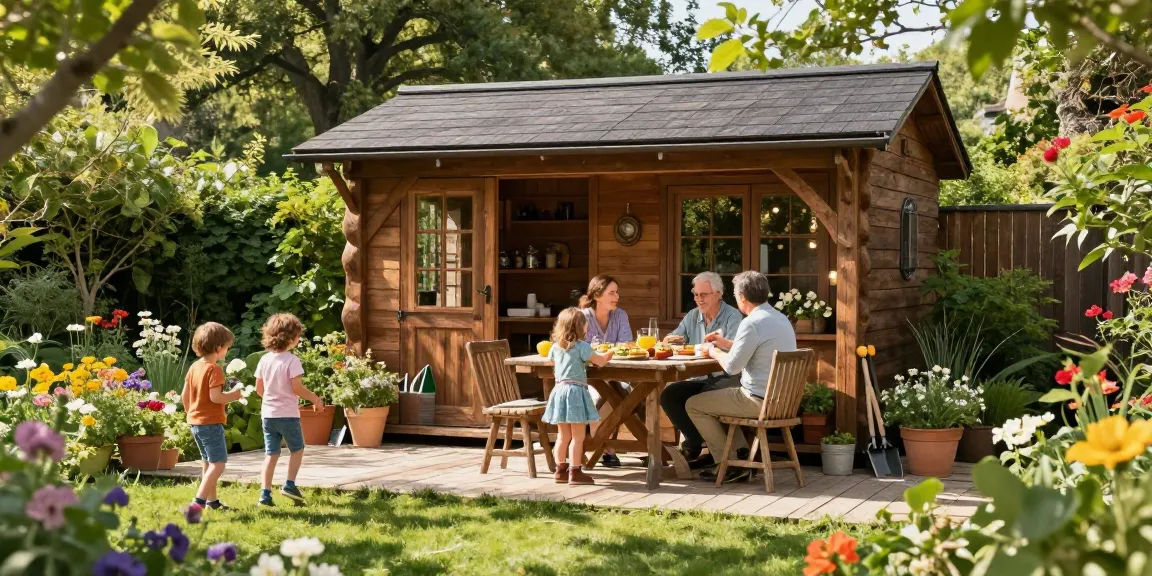 Schönes Gartenhaus umgeben von Blumen und einer Familie, die eine harmonische Zeit im Garten verbringt.