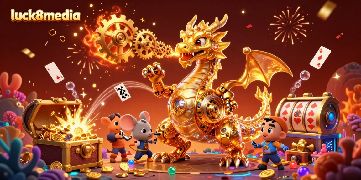 Experience thrilling gameplay with luck8media as a golden dragon breathes gears amidst vibrant casino elements.