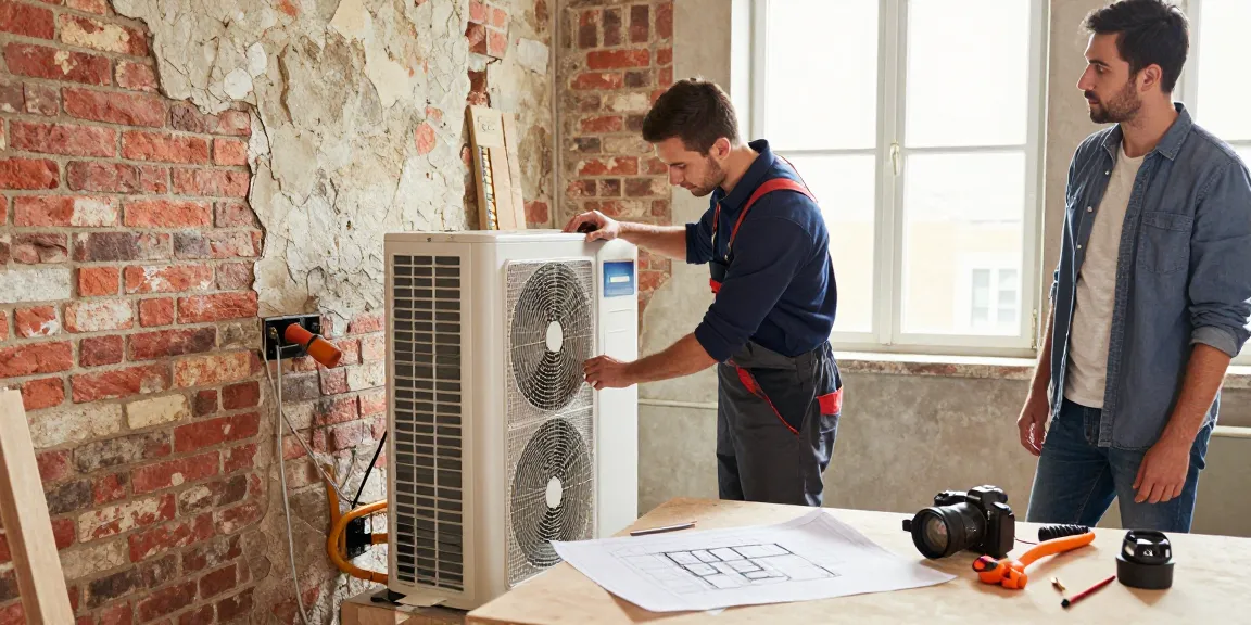 Technician installing a wärmepumpe im altbau in a historic building, showcasing modern tools and old architecture elements.