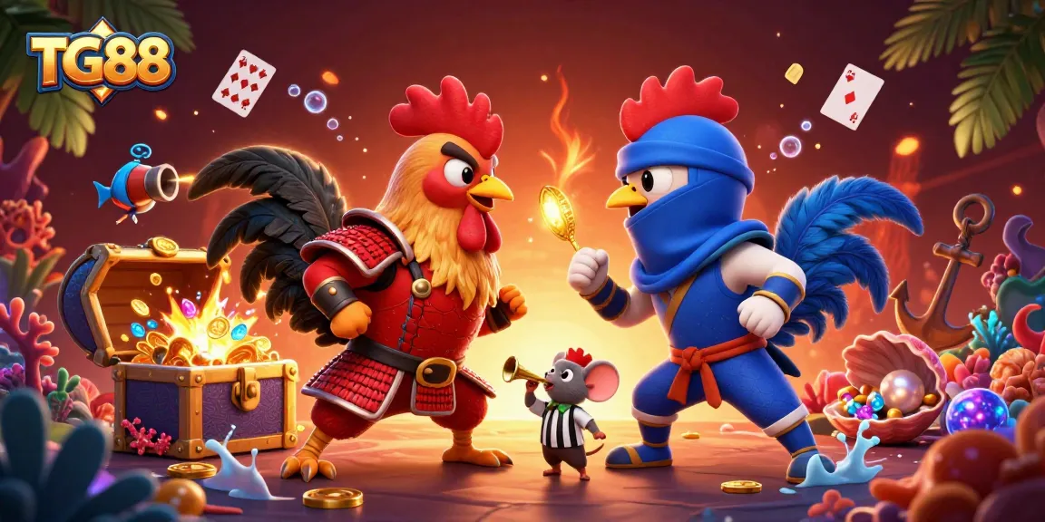 Experience thrilling cockfighting action with TG88 featuring dynamic roosters in a vibrant 3D illustration.