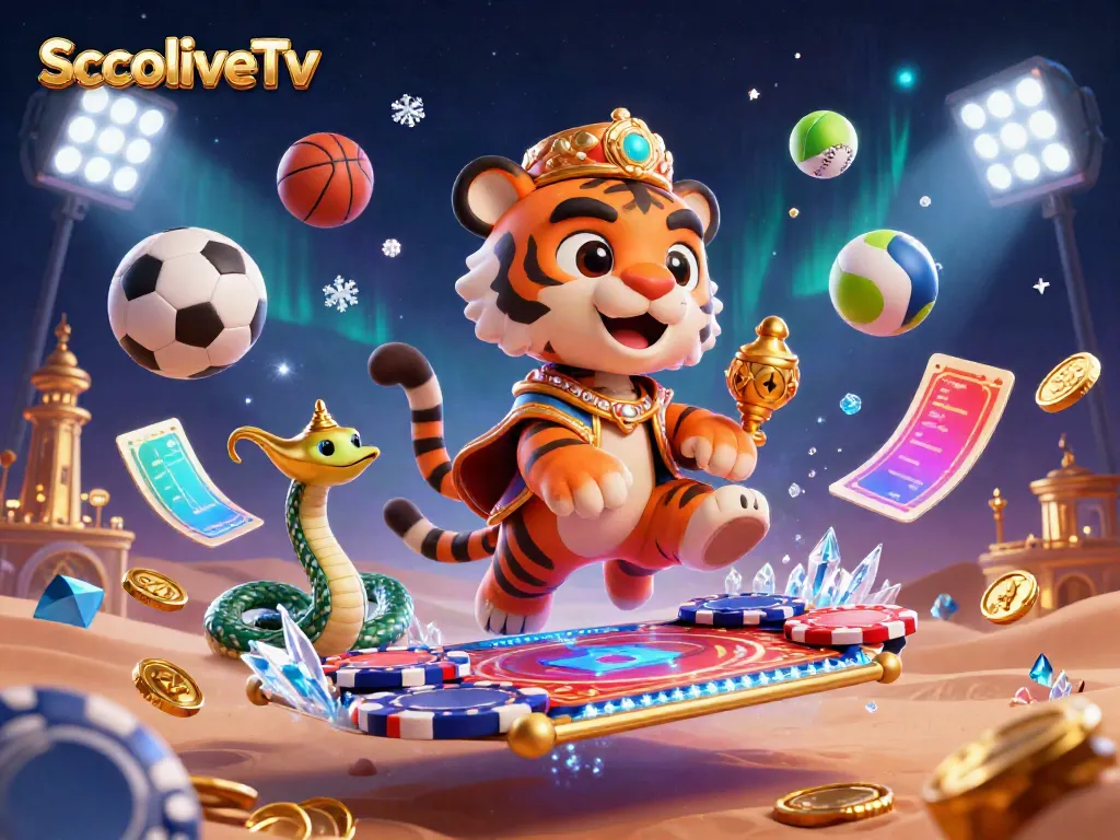 SocoliveTv offers dynamic sports action with an Arabian-themed 3D illustration featuring iconic game elements.