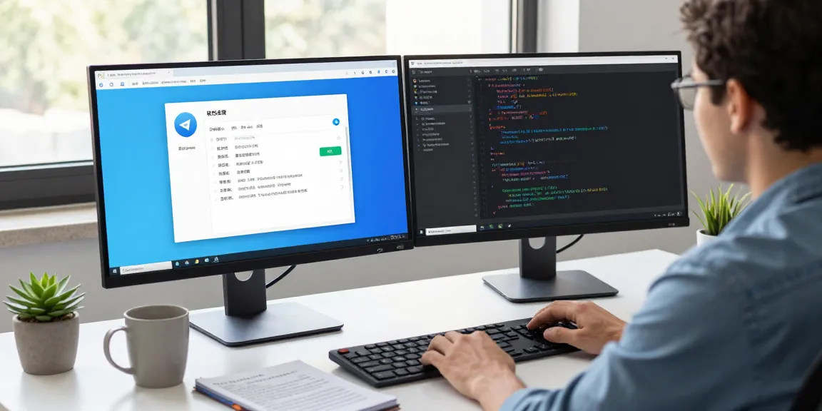 Developer configuring Telegram中文 settings in a modern workspace, showcasing user-friendly language setup options.