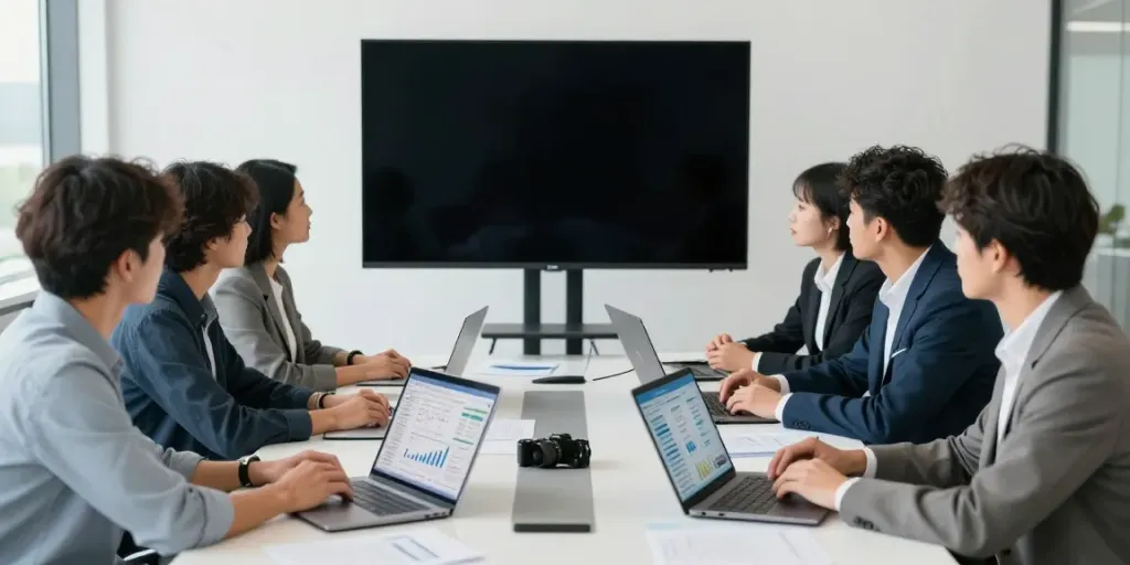 Equipe diversificada discutindo estratégias para BPI Net Empresas em ambiente moderno.