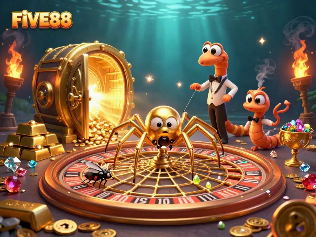 Engage with FIVE88's thrilling casino experience, featuring a whimsical spider and vibrant gaming elements.