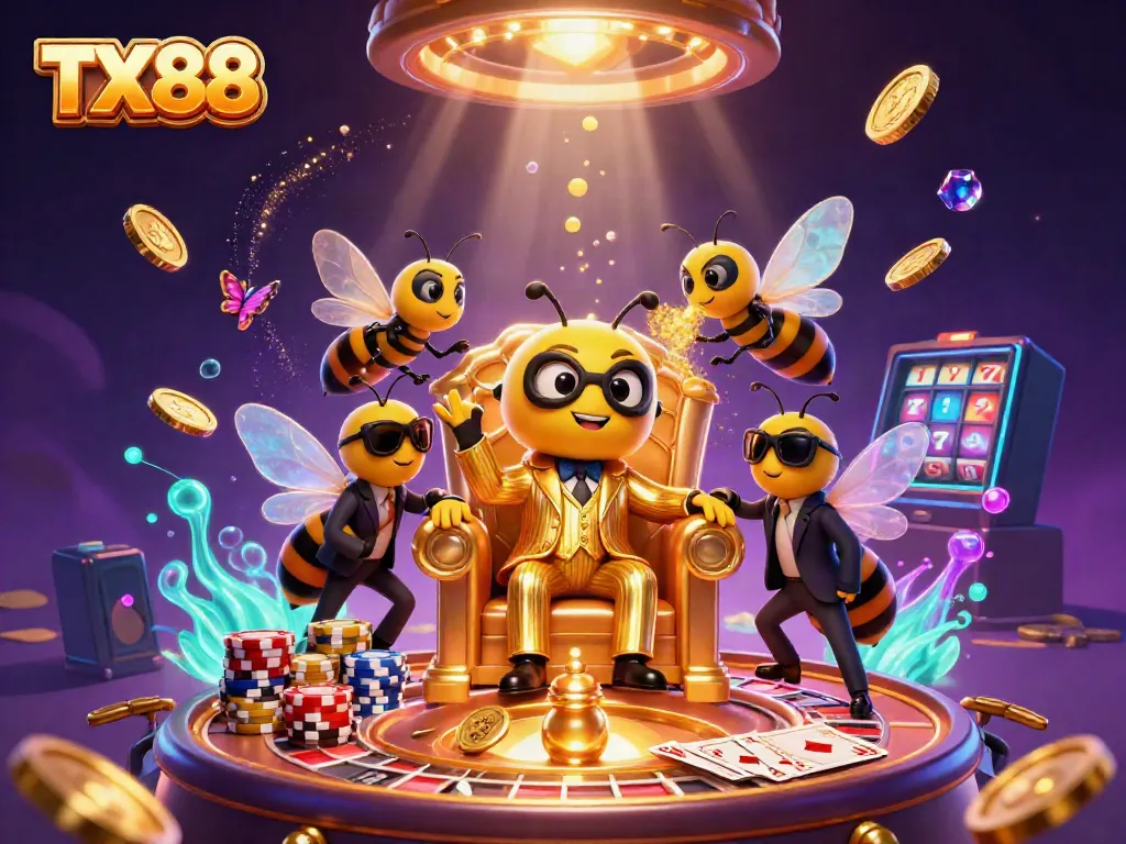 TX88 features a cartoon mob boss and bodyguards amidst a vibrant casino scene filled with gold coins and playing cards.