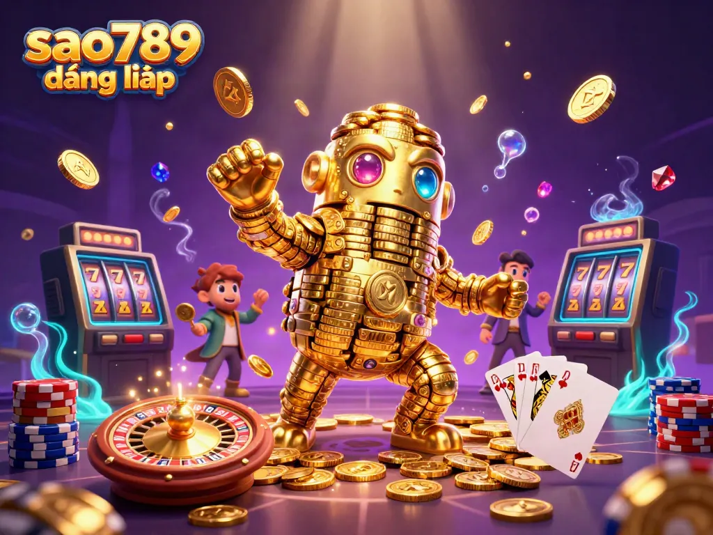 Experience the thrill of sao789 đăng nhập with a golden golem and casino elements in a vibrant, dynamic scene.