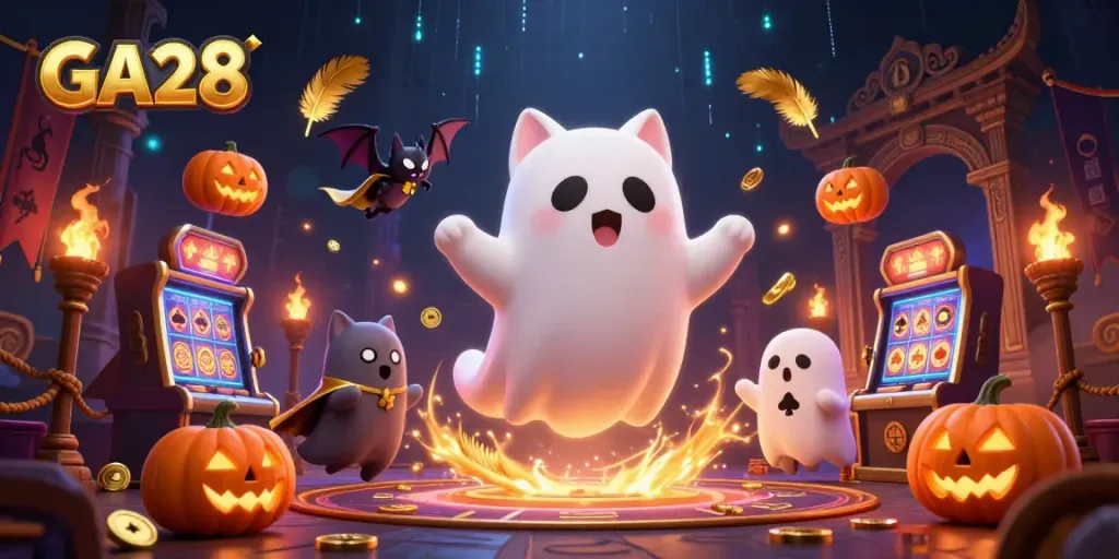Win big with GA28 in a spooky casino scene featuring a ghost cat and vampire bat.