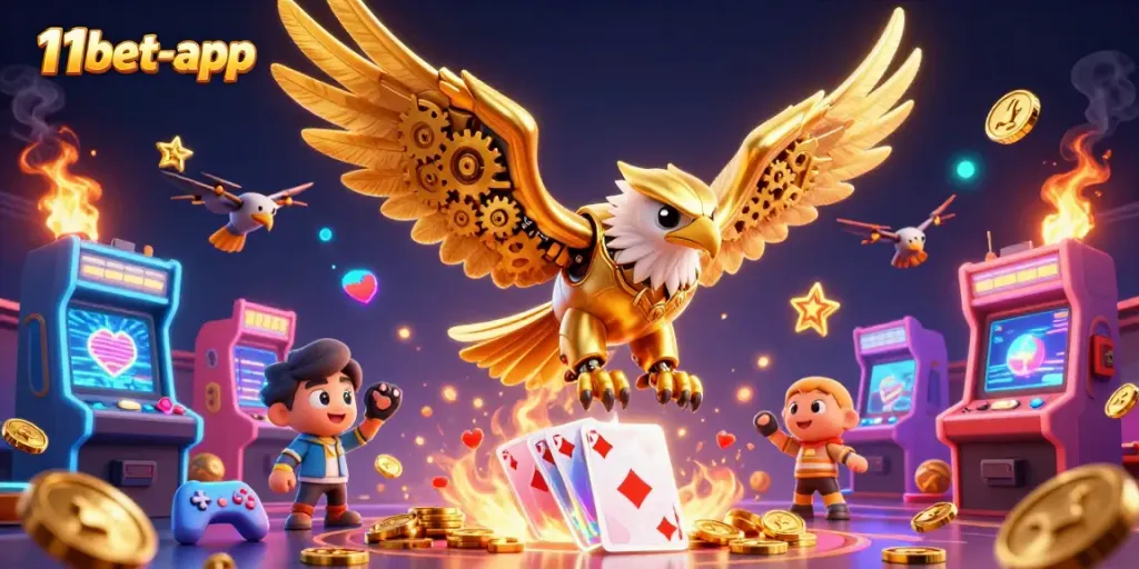 Experience excitement with 11bet-app as a golden eagle dives through casino-themed holograms.