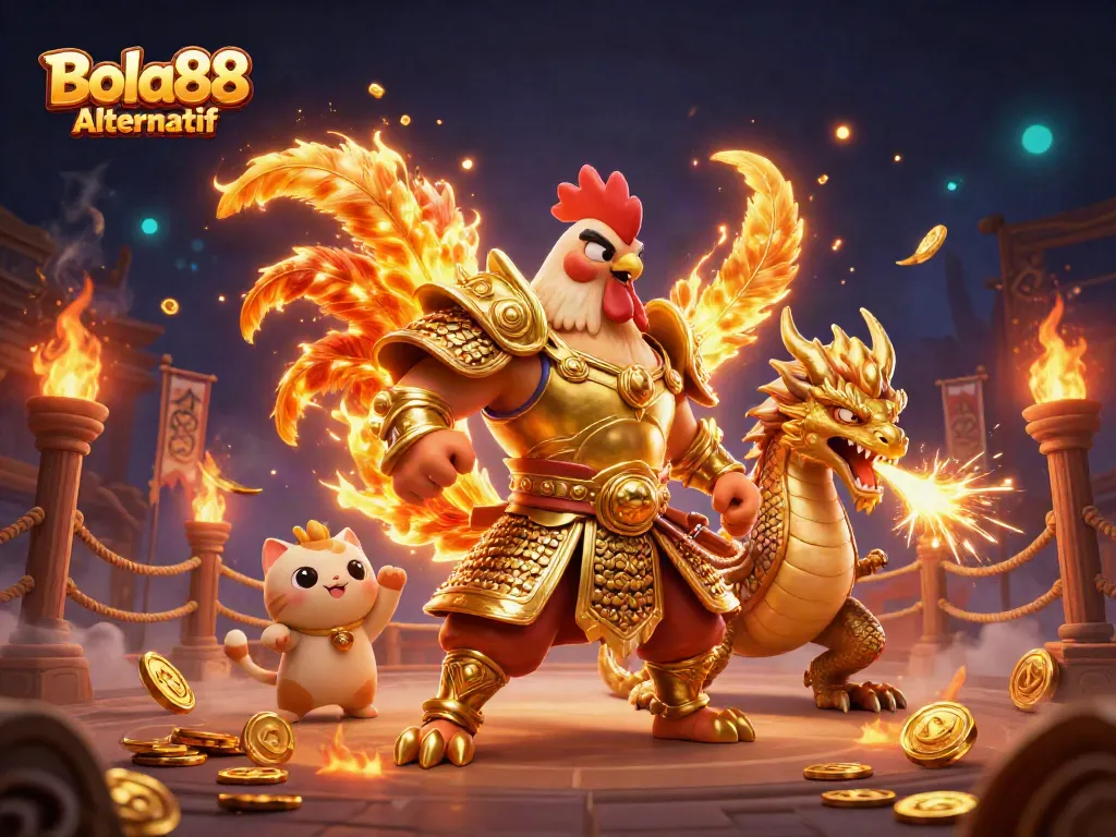 Bola88 Alternatif brings excitement to online gambling with a dynamic 3D illustration of a fighting rooster, dragon, and fortune cat.
