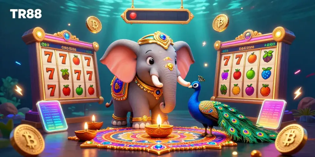 Experience the thrill of TR88 with a vibrant casino scene featuring a decorated elephant and peacock.