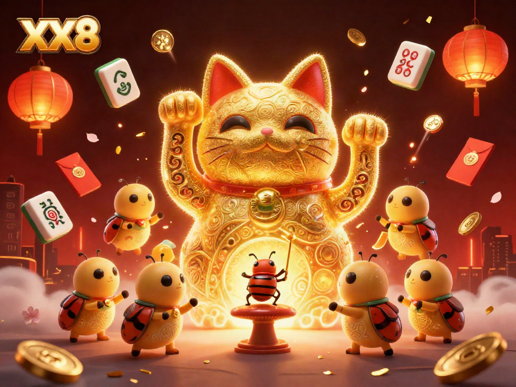 Experience the excitement of XX8's vibrant 3D casino scene with lucky symbols and golden fireflies.