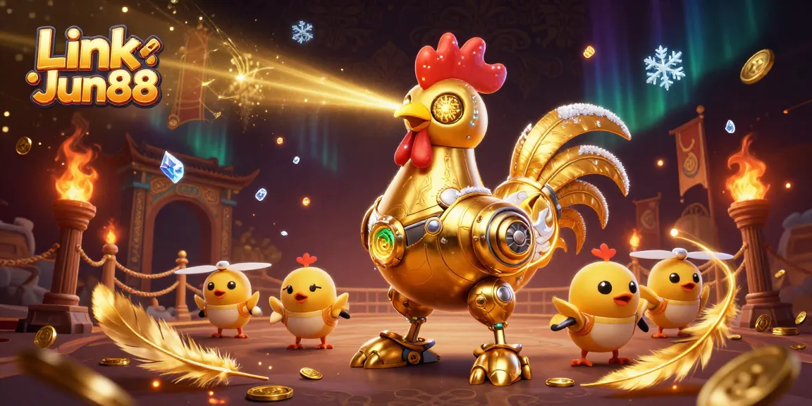 Experience dynamic gameplay with Link Jun88's thrilling casino robots and golden elements in a vibrant, rich scene.