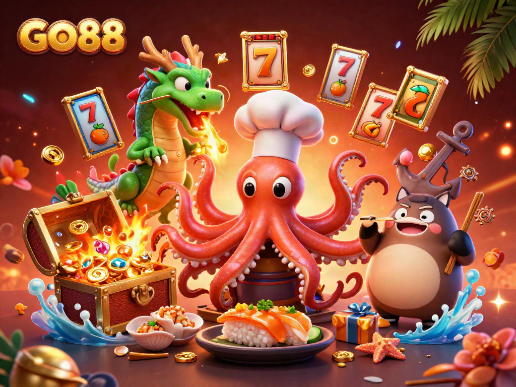 Experience GO88 online casinos with exciting slot games and vibrant characters in a dynamic scene.