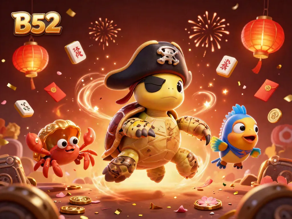B52-themed casino adventure with a pirate turtle, hermit crab, and parrotfish amid vibrant gambling elements.