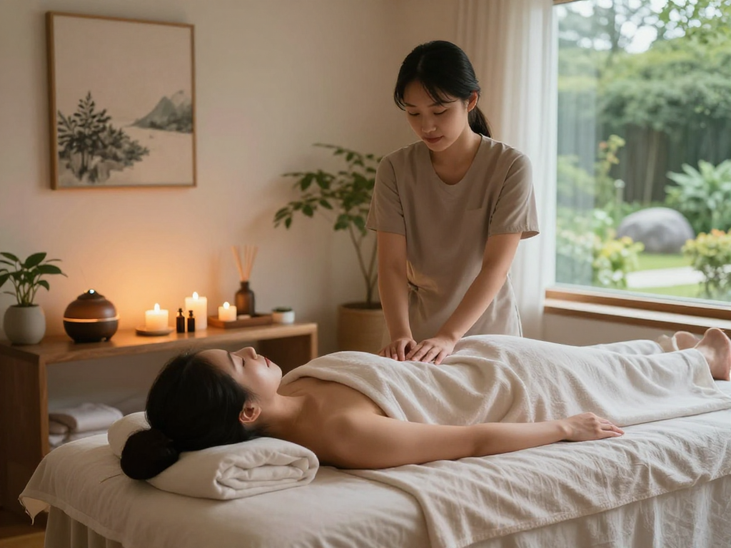 Relaxing massage therapy session focused on 부천출장안마 in a serene wellness studio.