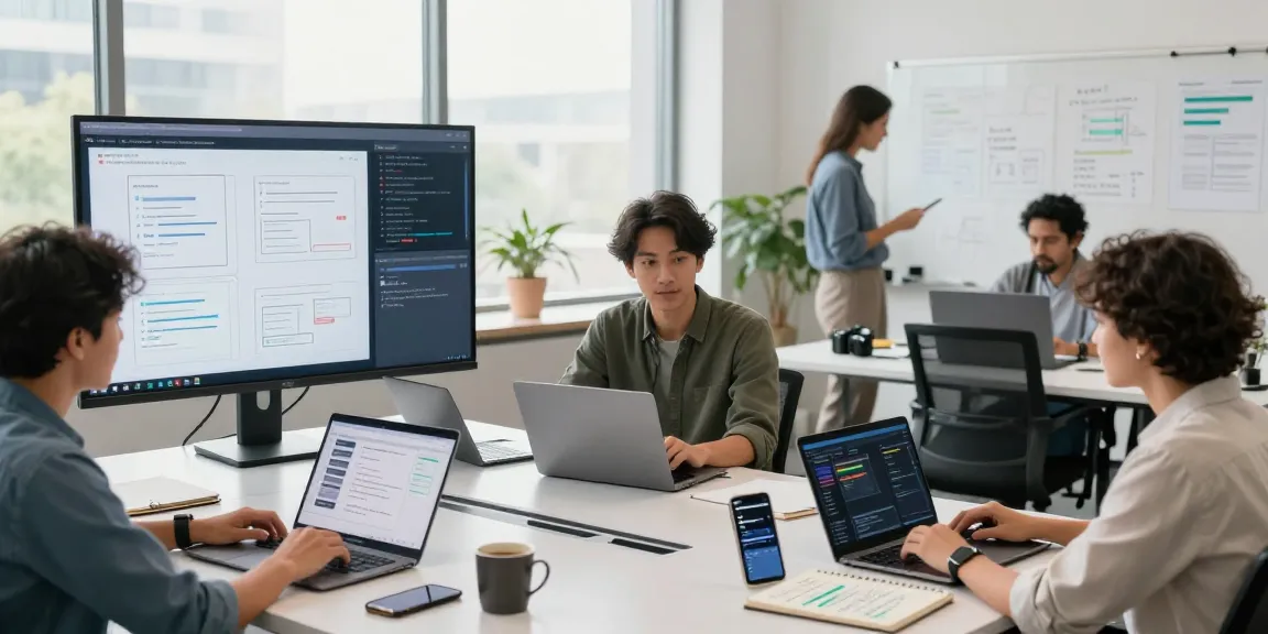Team collaborating to build internal tools with AI, showcasing a modern workspace with laptops and digital designs.