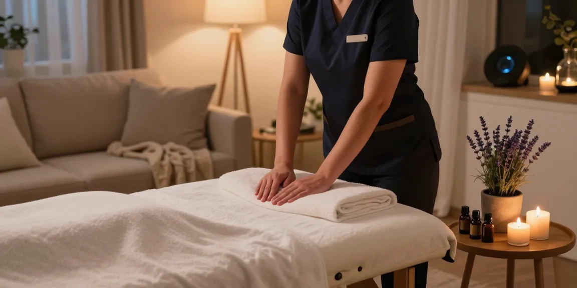 판교출장안마 in a serene home massage setting with a professional therapist preparing aromatherapy oils.