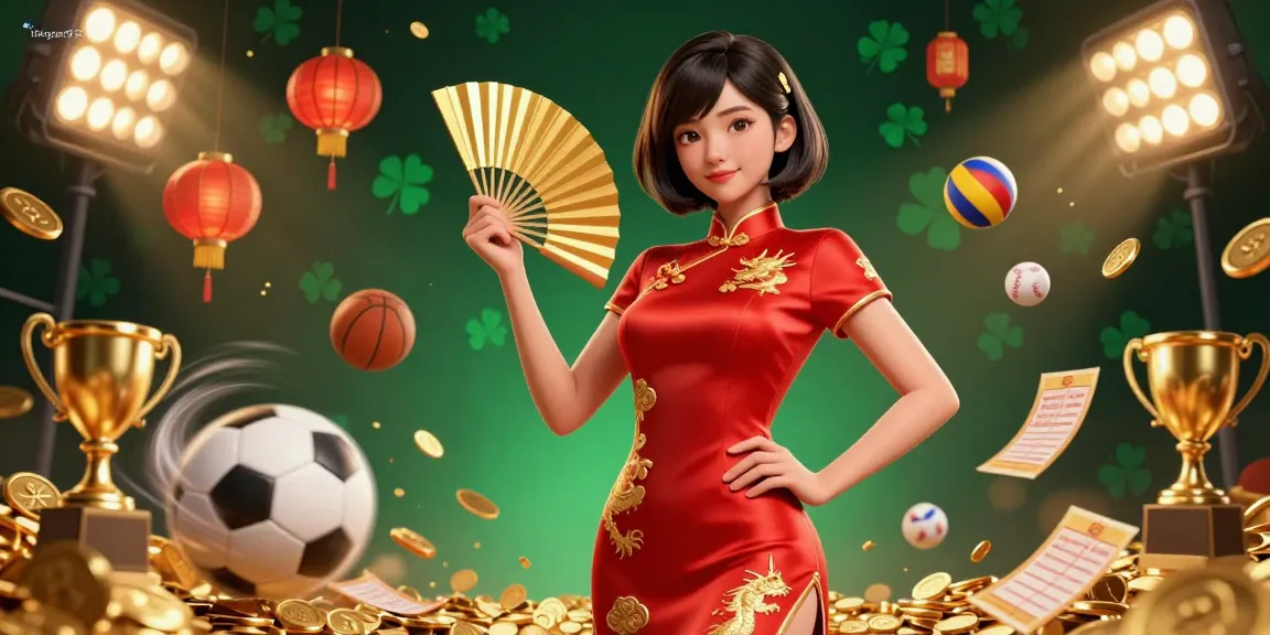 体验激动人心的游戏玩法,Telegram中文中一位穿着红色旗袍的美丽亚洲女性手持金扇,周围环绕着金币和体育元素。