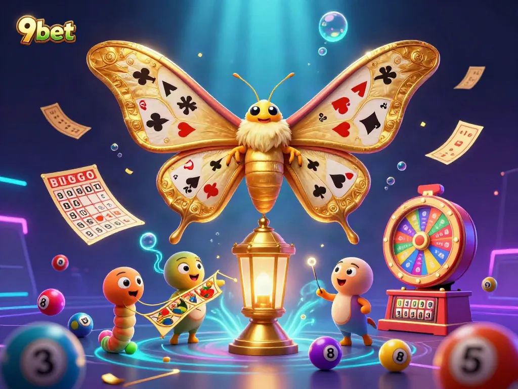 Engage with 9bet's vibrant casino world featuring a dazzling golden atlas moth among colorful lottery elements.
