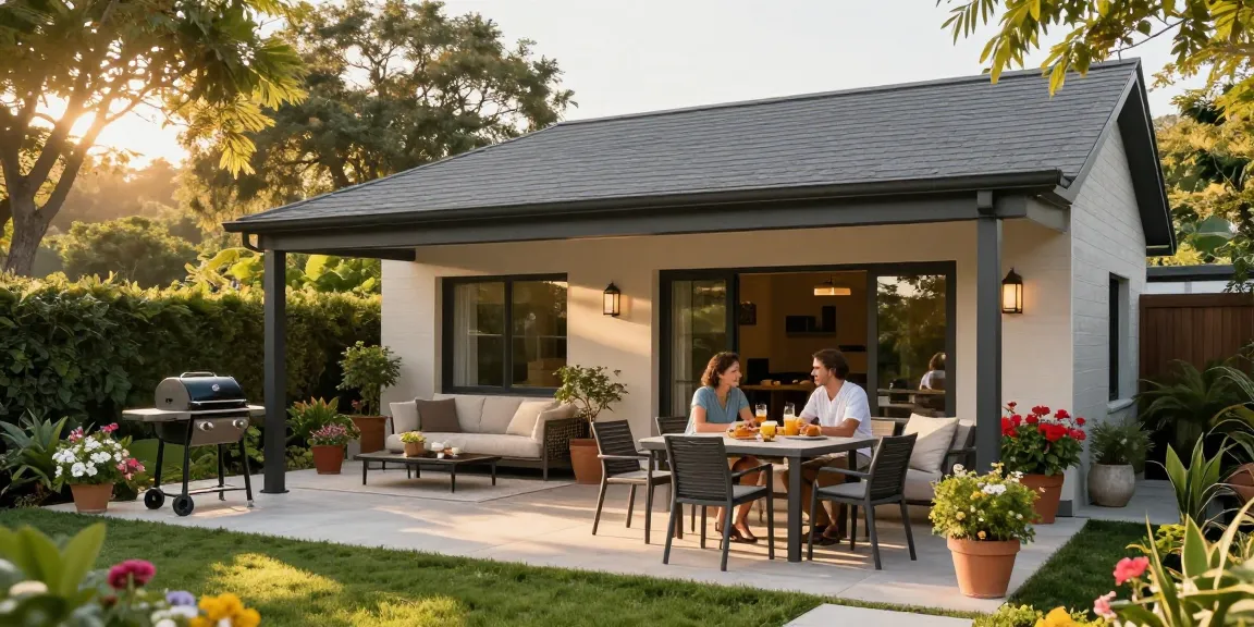 Freistehende Terrassenüberdachung in einem einladenden Garten mit Paar am Tisch.