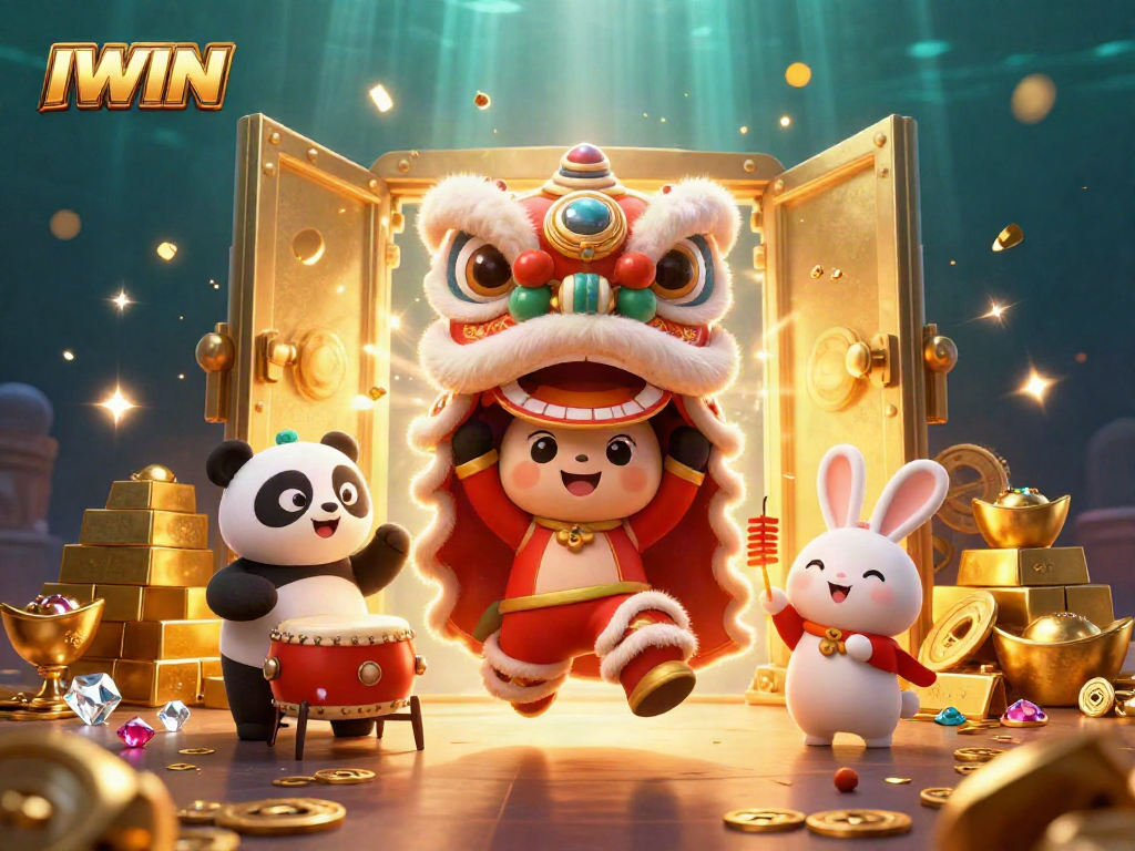 IWIN showcases a vibrant 3D lion dance scene with dynamic casino elements featuring gold bars and gems.