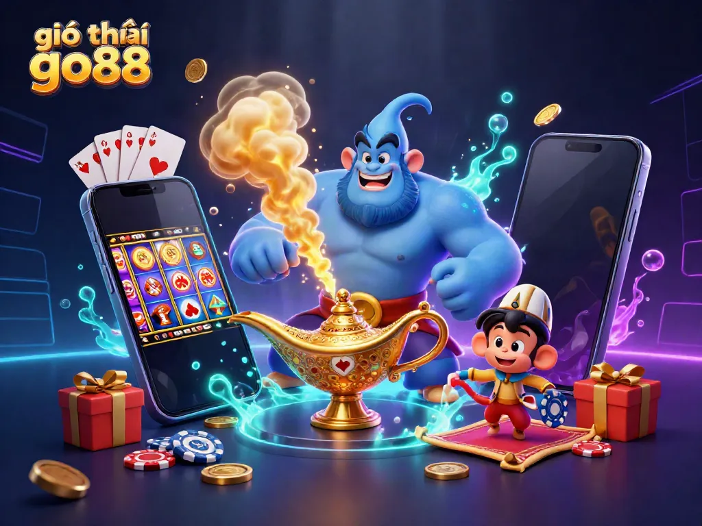 Experience the magic of giới thiệu go88 with a vibrant 3D casino scene featuring a genie, poker chips, and a colorful slot game interface.