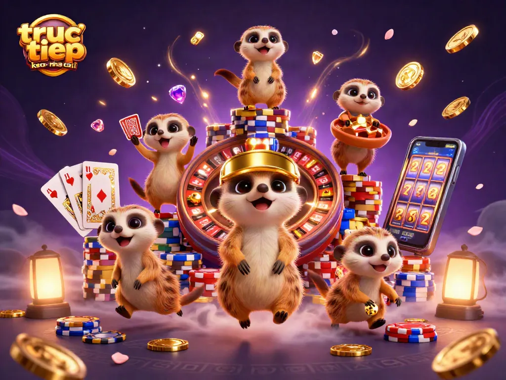 Engage with truc tiep keo nha cai while enjoying an elaborate casino scene with meerkats and vibrant game elements.