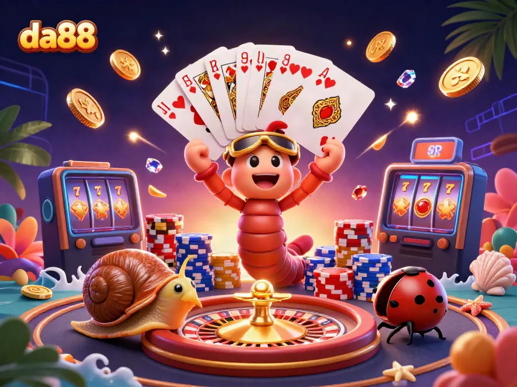 Join the exhilarating da88 experience with a cartoon dealer showcasing a royal flush and high-roller excitement.