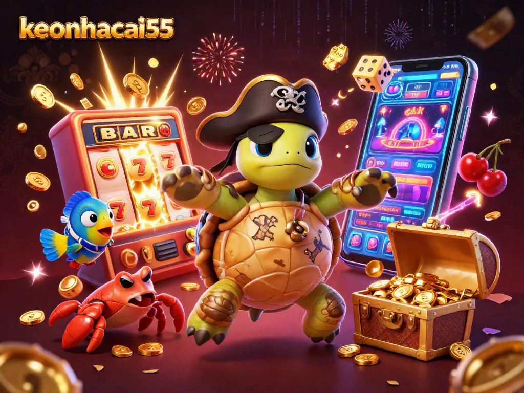 Engage with keonhacai55's thrilling gaming scene featuring a pirate turtle, treasure, and vibrant casino elements.