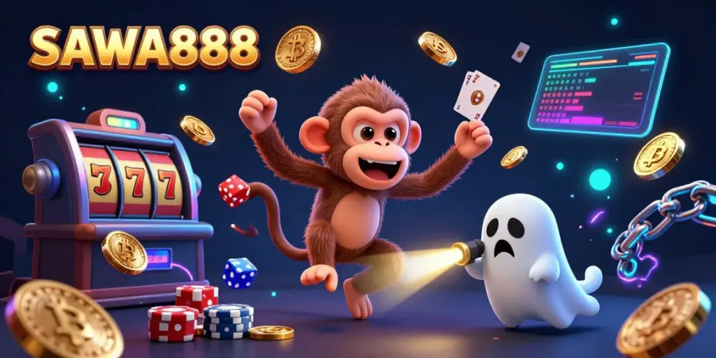 SAWA888 features a playful poltergeist monkey juggling coins in a lively casino scene.