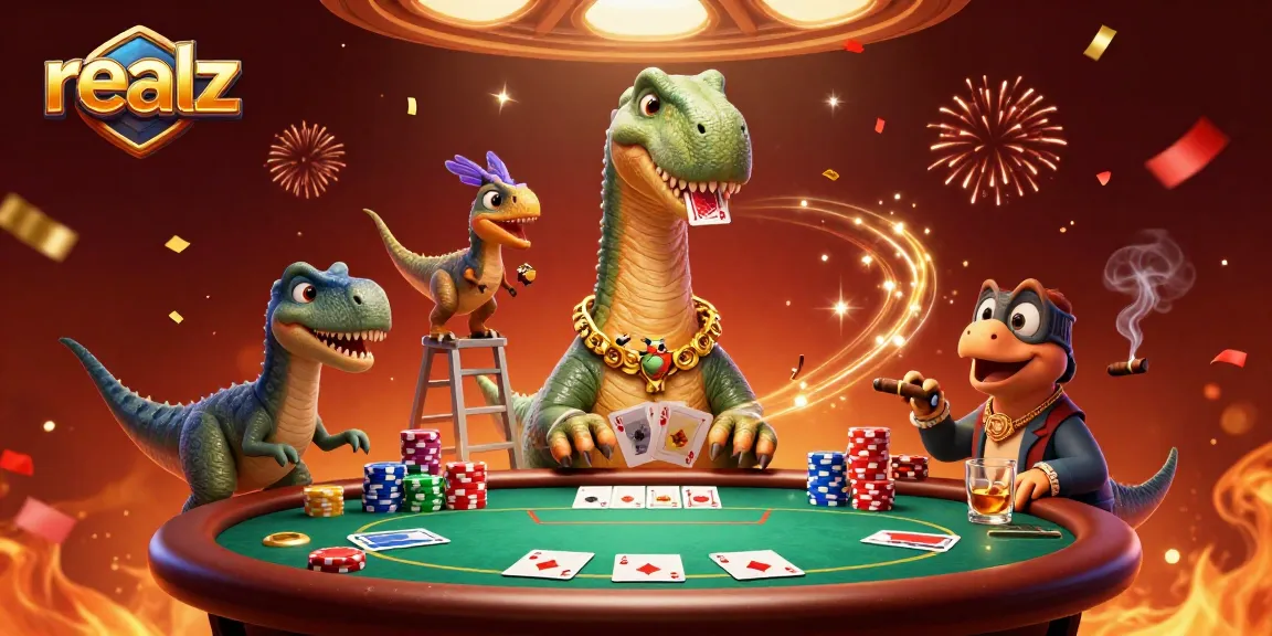 Engage with realz at a dynamic poker table featuring a brontosaurus dealer and colorful chips.