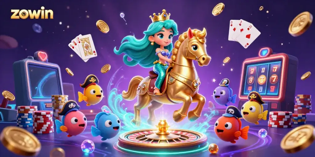 The lively scene showcases a stylized casino featuring the character Zowin, vibrant coins, and cards for gamblers.