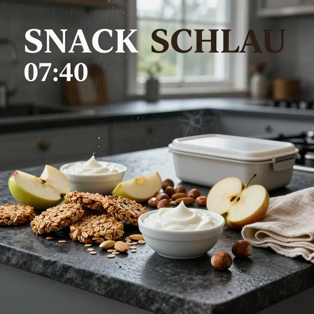 Snack-Arrangement auf dunkler Steininsel mit Apfelspalte, Joghurt und Lunchbox im Regenlicht
