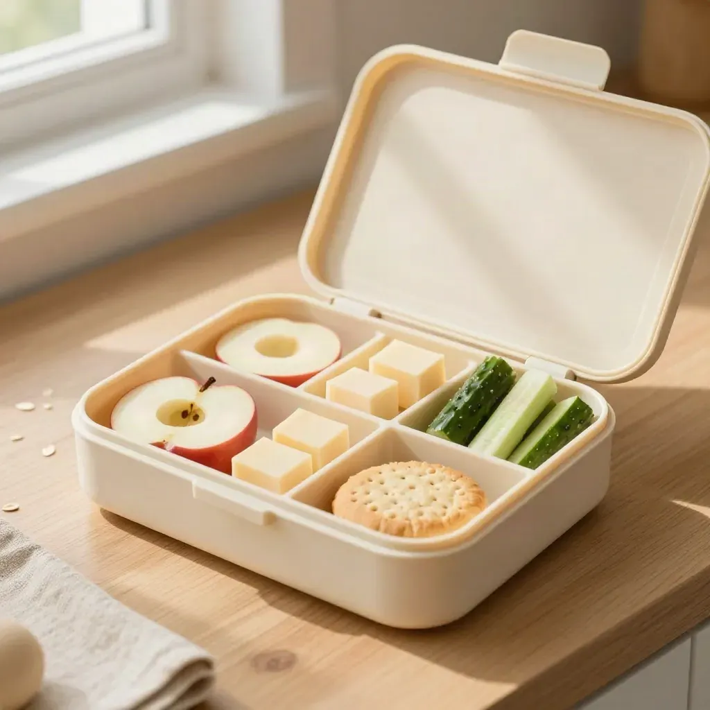 Offene Kinder-Lunchbox mit Apfelmonden, Käsewürfeln, Gurkensticks und Keks im Morgenlicht.