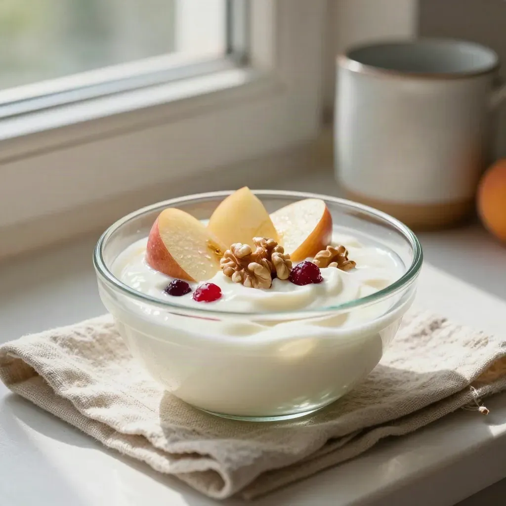 Joghurt mit Apfelscheiben, Walnüssen und Beeren auf der Fensterbank im warmen Nachmittagslicht.