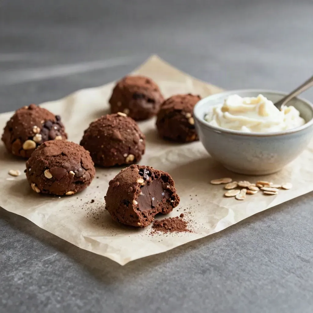 Protein-Bites mit Kakao auf Backpapier neben Quark und Löffel