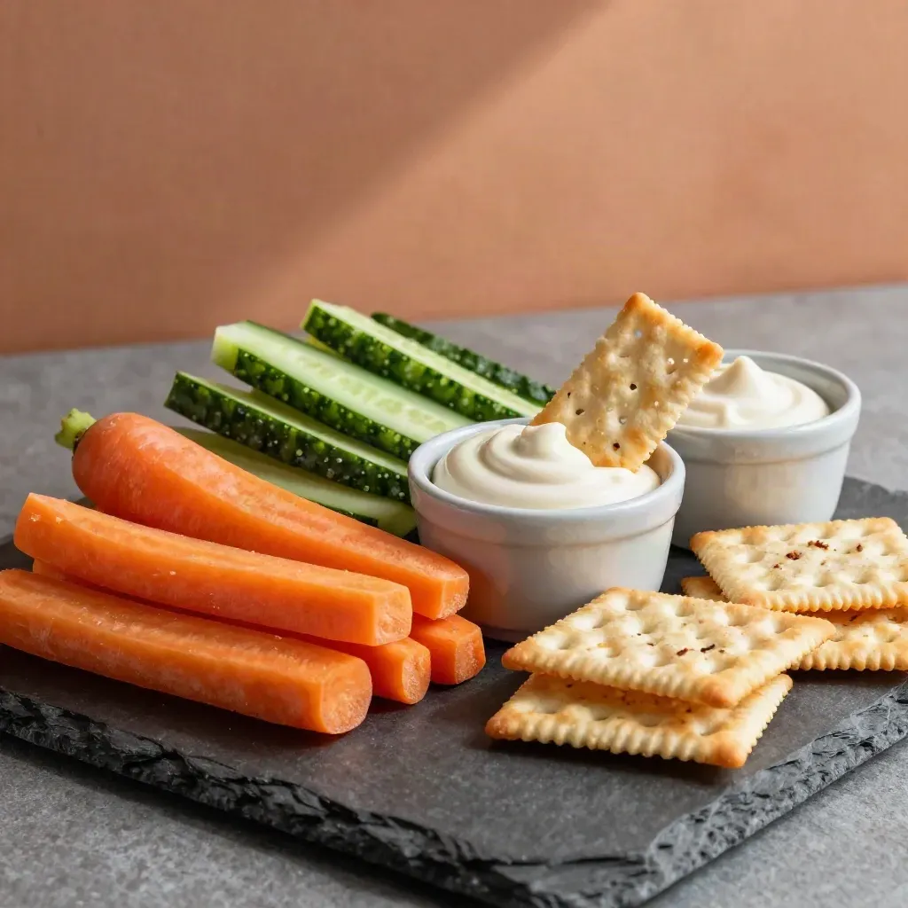 Snack-Board mit Gemüse, Dips und Crackern im dramatischen Licht